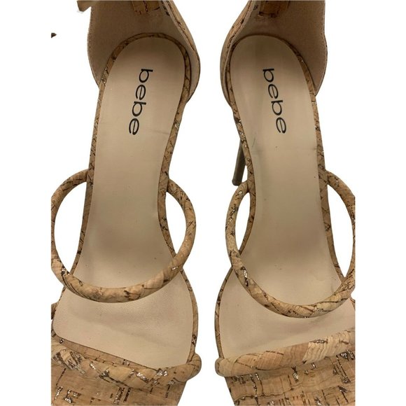 Bebe BERDINE Size 8.5 Glittery Cork Ankle Strap High Heels EUC - Picture 4 of 10